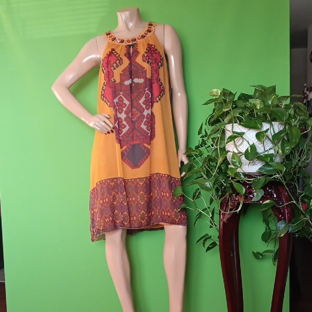 Mlle Gabrielle Orange and Red Midi Sleeveless  Dress, Sz. Lg.